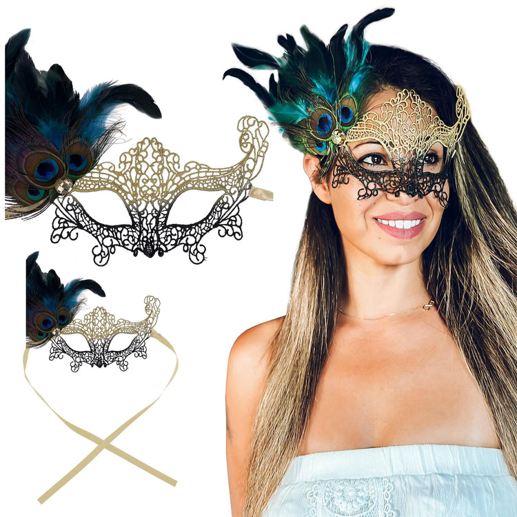 Turquoise Feather Silver Theme Lace Masquerade Mask for Women | Feather Masquerade Masks with Peacock Feathers | Elegant Costume Accessory product view 2