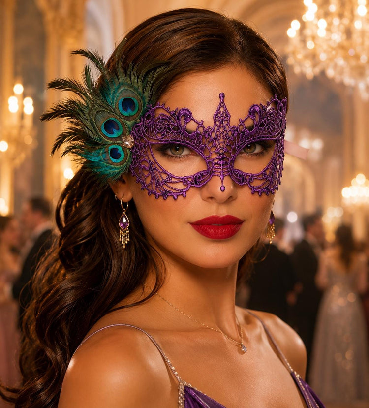 Purple peacock feather masquerade mask for women product view 5