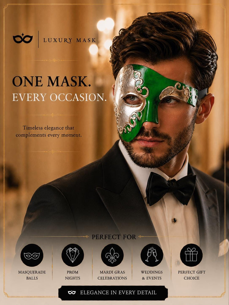 Silver Green masquerade mask for men product view 6