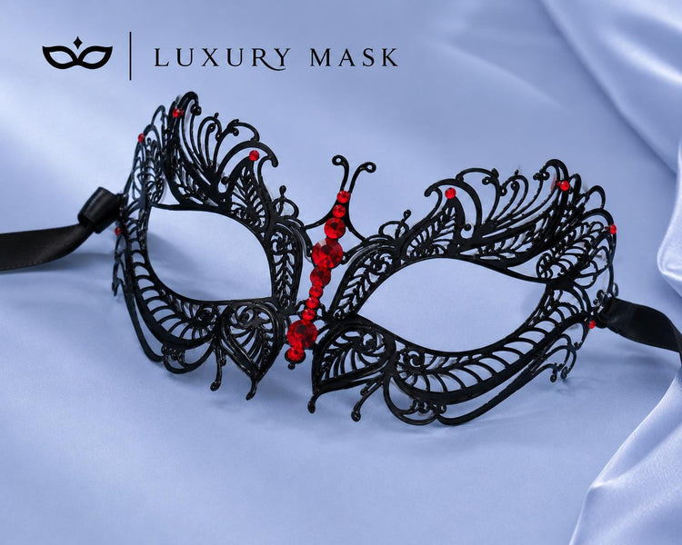 Black Red metal masquerade mask for women product view 6