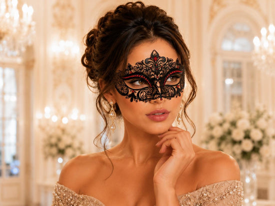 Black Red metal masquerade mask for women product view 2