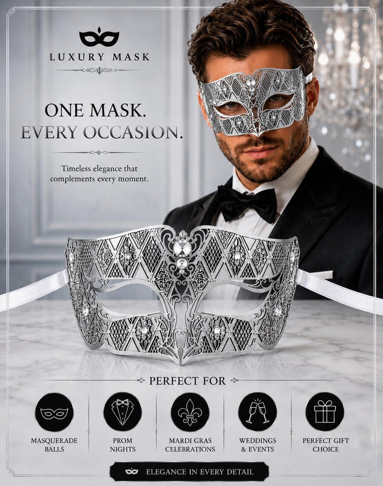 Silver metal masquerade mask for men product view 5