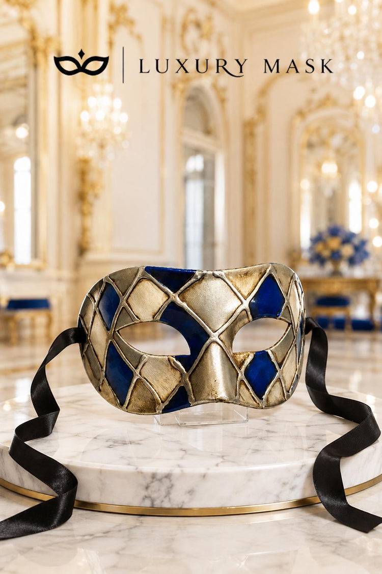 Blue & Silver Checkered Venetian Masquerade Mask for Men