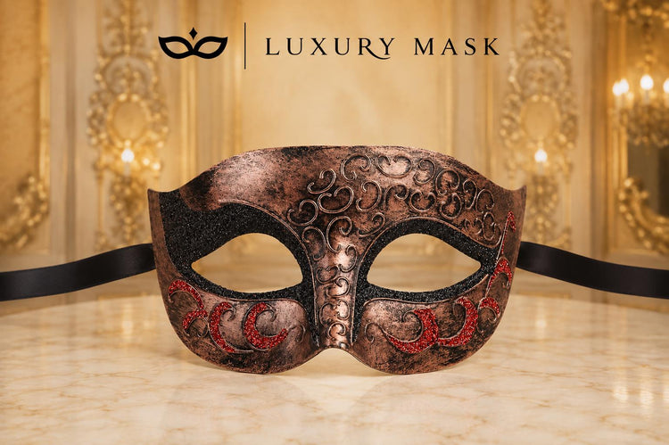 Antique Copper & Black Venetian Mask for Men with Red Glitter