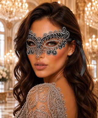 Black Silver Flower Lace Masquerade Mask for Women product view 2
