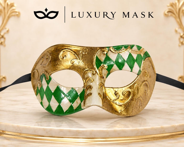 Green Masquerade Mask for Men - Gold Half-Checkered Venetian Design - Image 5