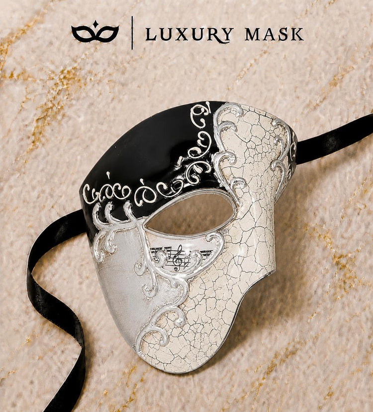 Black Masquerade Mask for Men - Silver Musical Phantom Mask with Crack Detailing - Image 6