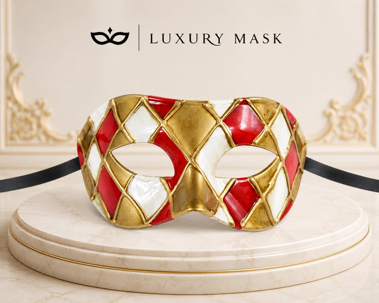 Red & Gold Checkered Venetian Masquerade Mask for Men