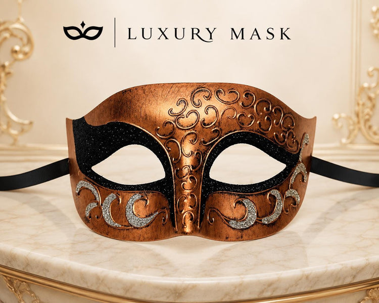 Antique Copper & Black Venetian Mask for Men with Silver Glitter