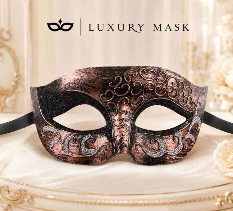 Copper Black Venetian Eye Mask with Silver Glitter