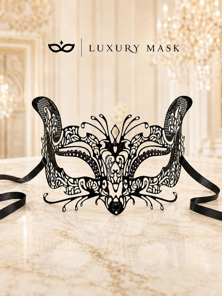 Black Cat Masquerade Mask for Women with Purple Crystals - view 5