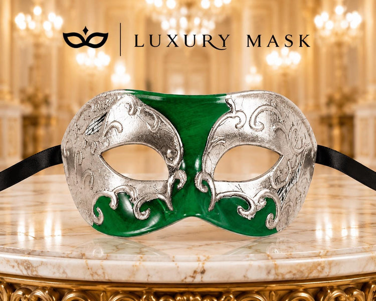 Green Masquerade Mask for Men - Silver Musical Venetian Sheet Music Design - Image 5