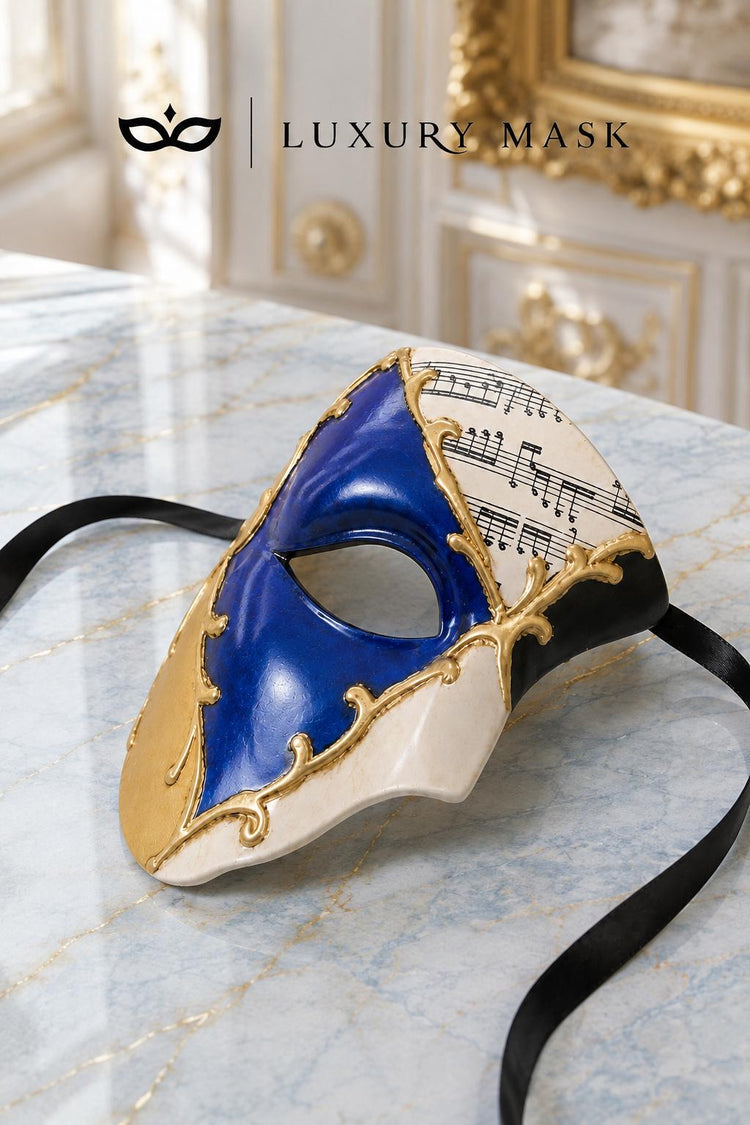 Blue Masquerade Mask for Men - Gold Musical Phantom One-Eye Venetian Design - Image 5