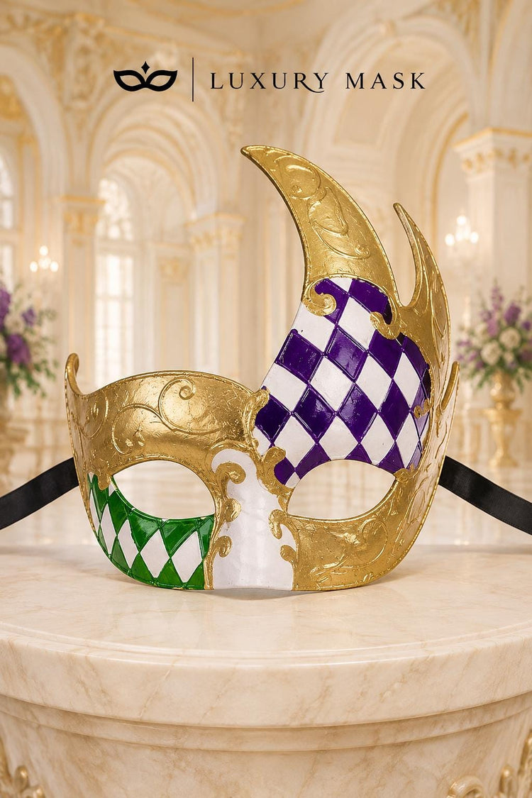 Gold Masquerade Mask for Men - Purple and Green Checkered Tall Venetian Design - Image 5