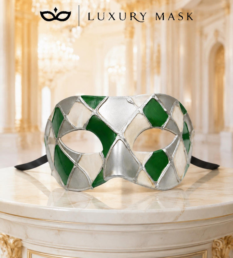 Green Masquerade Mask for Men - Silver Checkered Venetian Diamond Design - Image 5