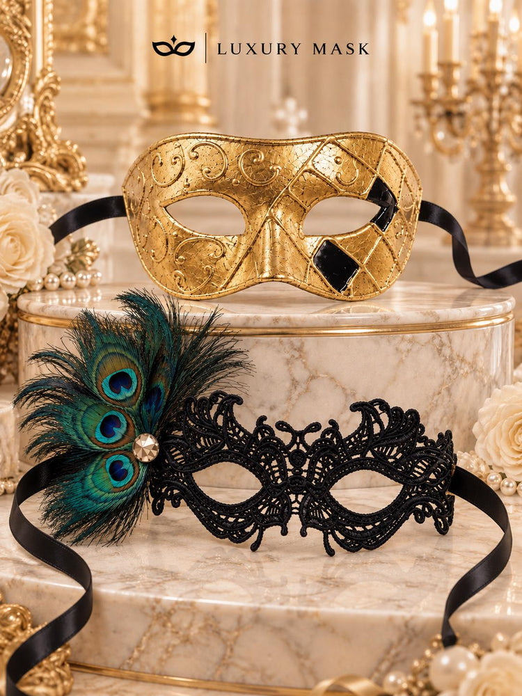 Gold Checkered Venetian Mask for Men & Black Peacock Feather Lace Mask for Women | Couples Masquerade Mask Set product view 6