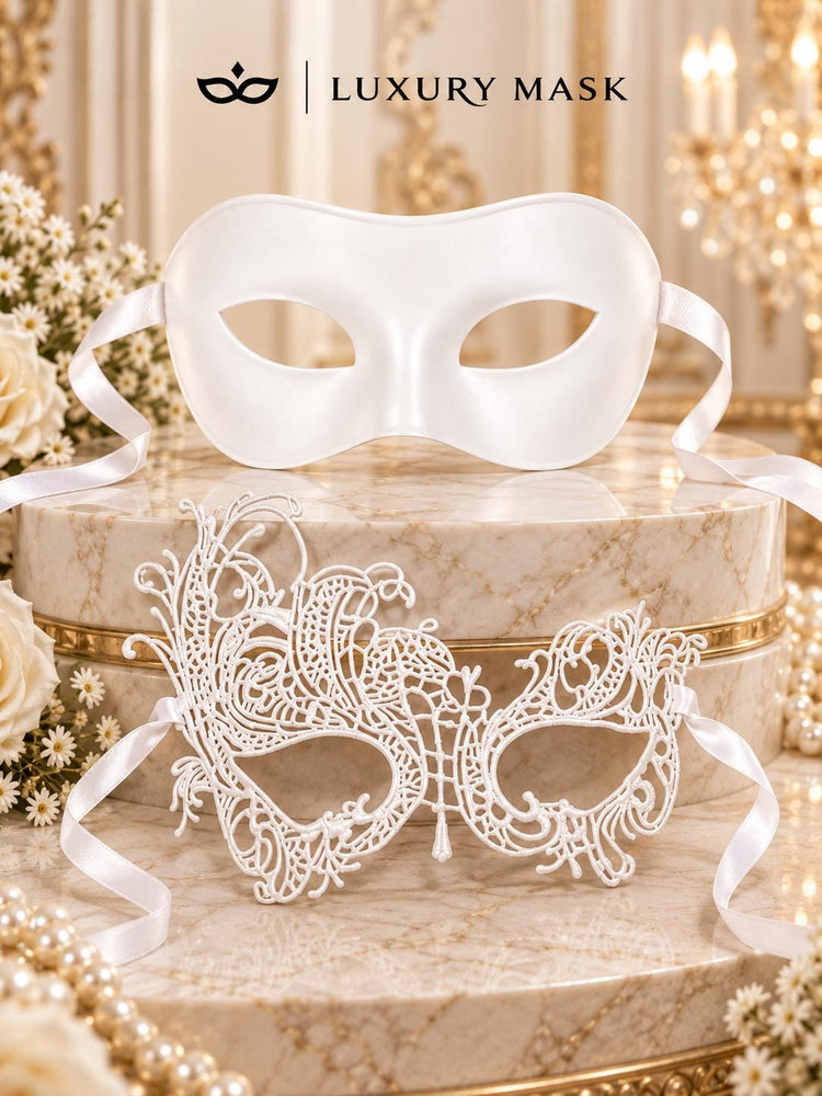 White Classic Venetian Mask for Men & White Swan Lace Mask for Women | His and Hers White Masquerade Mask Set - product image 7