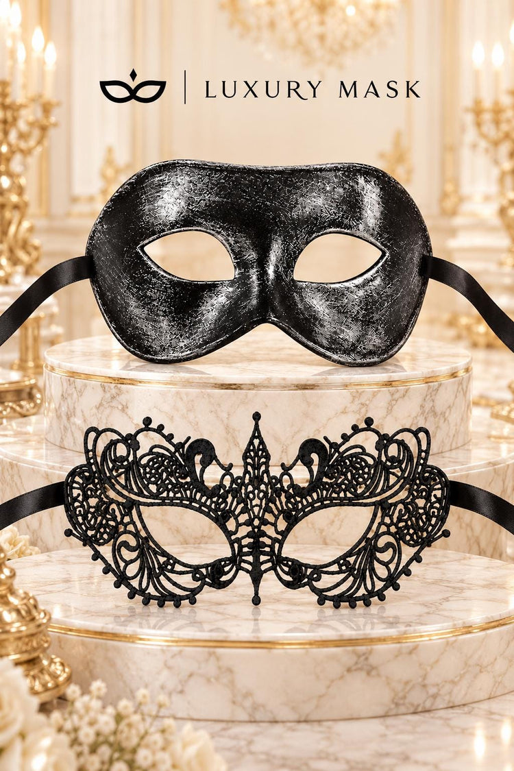 Black & Silver Venetian Mask for Men and Black Lace Mask for Women | Elegant Couples Masquerade Mask Set - product image 6