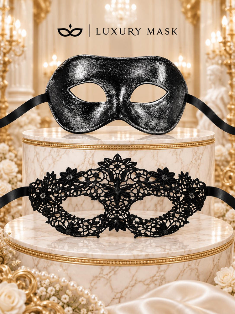 Black & Silver Venetian Mask for Men and Black Flower Lace Mask for Women | Elegant Couples Masquerade Mask Set - product image 6