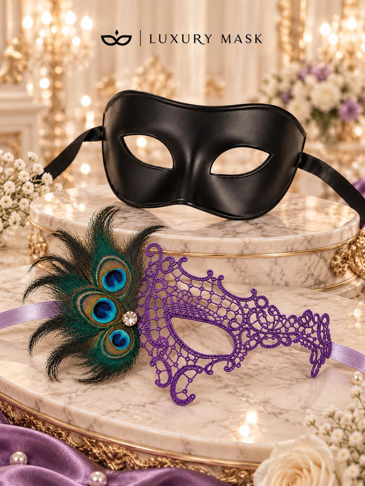 Black & Purple Masquerade Masks for Couples | Classic Venetian Men&