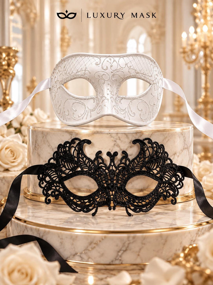 Black Lace & White Glitter Masquerade Masks for Couples | Women’s Lace Eye Mask with Men’s Venetian Mask - product image 6