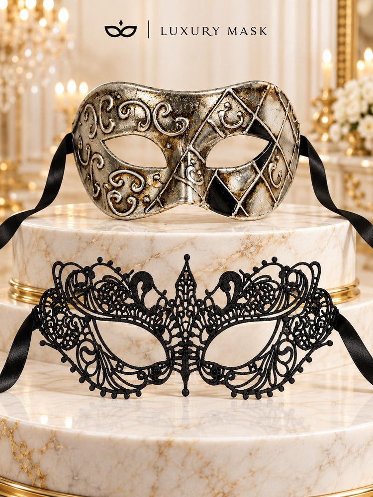 Silver & Black Antique Venetian Mask for Men with Black Lace Mask for Women | Vintage Masquerade Couple Set - product image 6