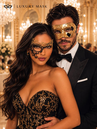 Gold & Black Couples Masquerade Mask Set | Classic Gold Venetian Mask for Men and Black Gold Phantom Lace Mask for Women product view 2