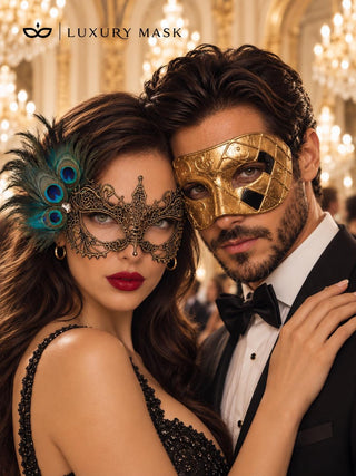 Gold Couples Masquerade Mask Set | Checkered Venetian Mask for Men & Peacock Feather Lace Mask for Women product view 2