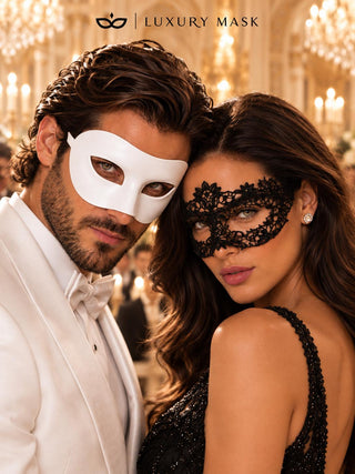 White Classic Venetian Mask for Men & Black Flower Lace Mask for Women | His and Hers Masquerade Mask Set product view 2
