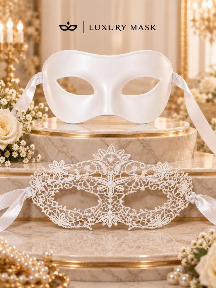 White Classic Venetian Mask for Men & White Flower Lace Mask for Women | Matching White Couples Masquerade Mask Set - product image 7