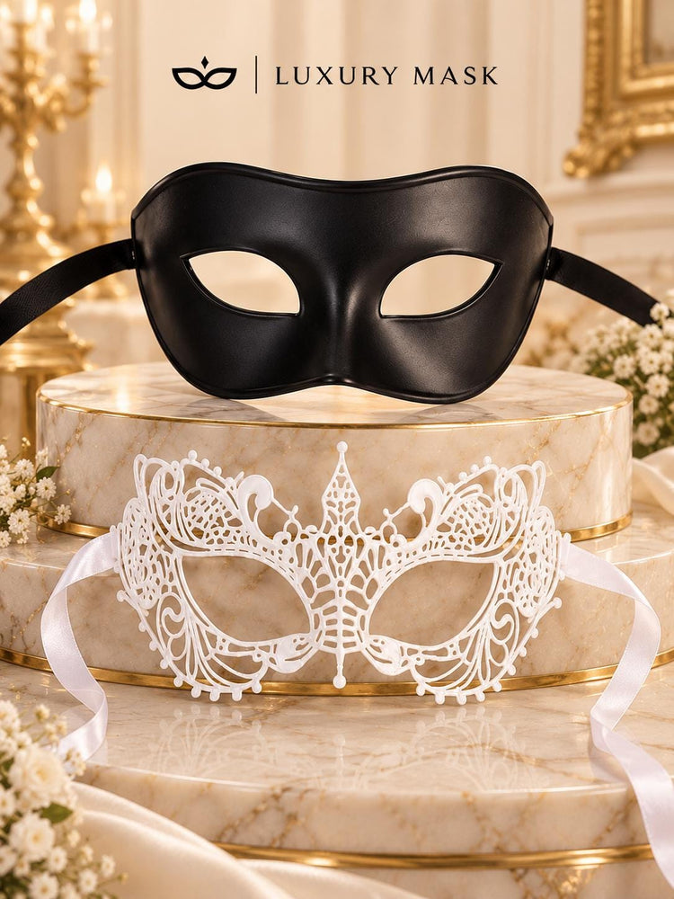 Black Classic Venetian Mask for Men & White Lace Mask for Women | Black and White Couples Masquerade Mask Set - product image 6