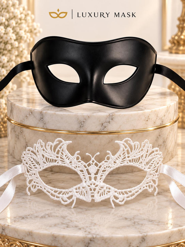 Black & White Couples Venetian Mask Set | Classic Black Masquerade Mask for Men and Elegant White Lace Mask for Women - product image 6
