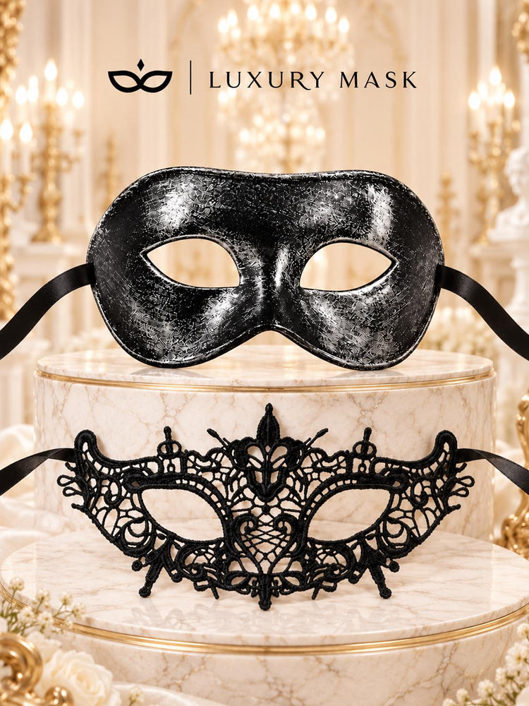 Black & Silver Venetian Mask for Men and Black Lace Mask for Women | His and Hers Couples Masquerade Mask Set - product image 7