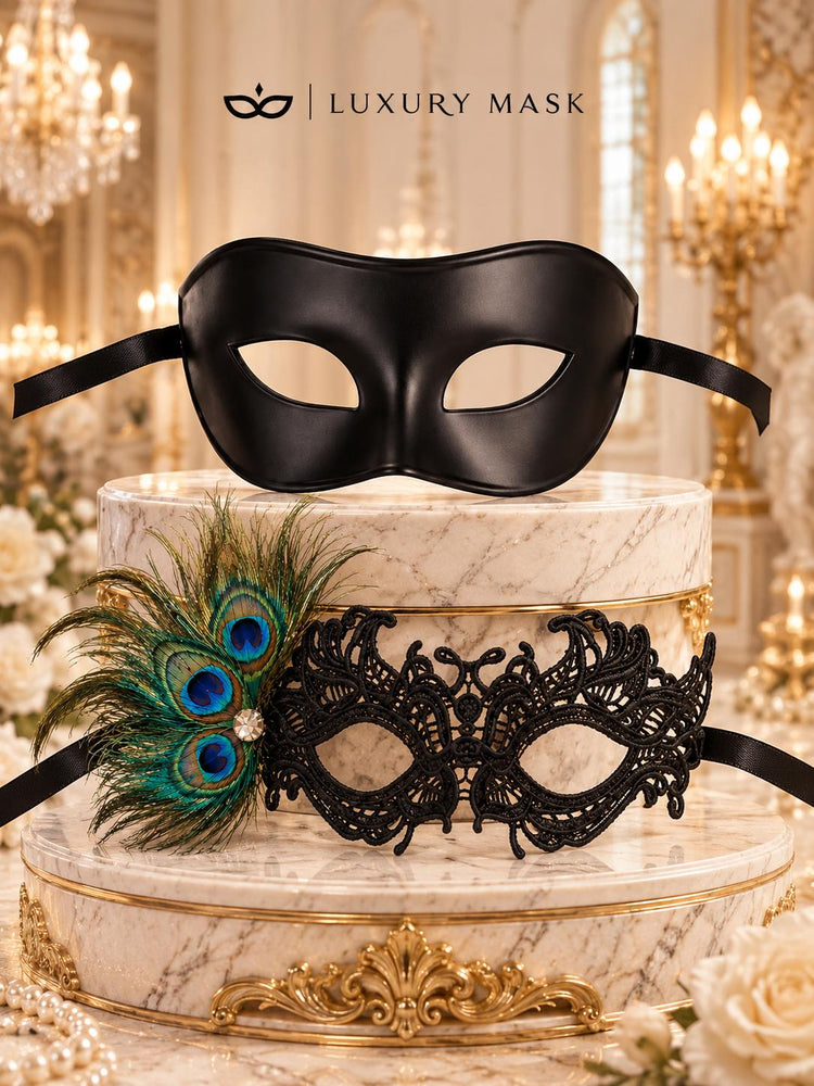 Black Classic Venetian Mask for Men Paired with Black Peacock Feather Lace Mask for Women | Couples Masquerade Set - product image 6