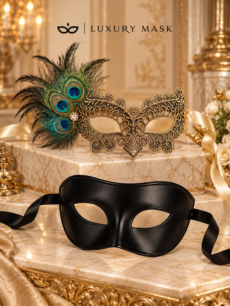 Black Classic Venetian Mask for Men with Black Gold Peacock Feather Lace Mask for Women | Couples Masquerade Set - product image 6