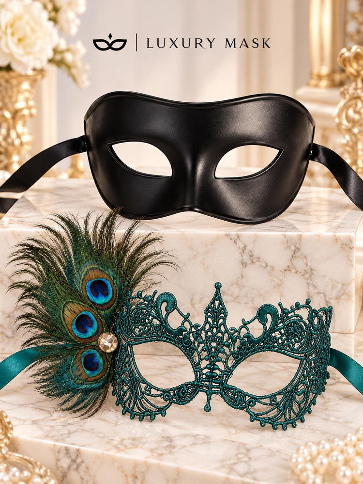 Black Classic Venetian Mask for Men & Teal Peacock Feather Lace Mask for Women | His and Hers Masquerade Masks - product image 6