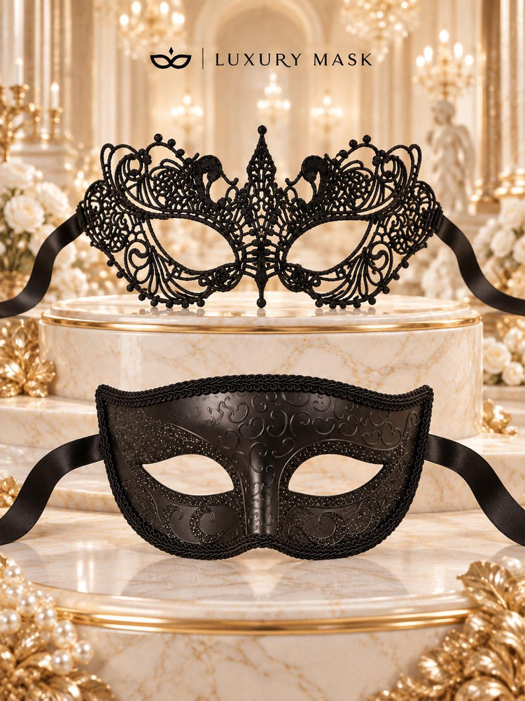 Black Glitter Venetian Mask for Men & Black Lace Mask for Women | His and Hers Masquerade Mask Set - product image 6