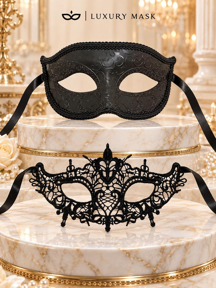 Black Venetian Glitter Mask for Men & Black Lace Mask for Women | Elegant Couples Masquerade Masks - product image 6