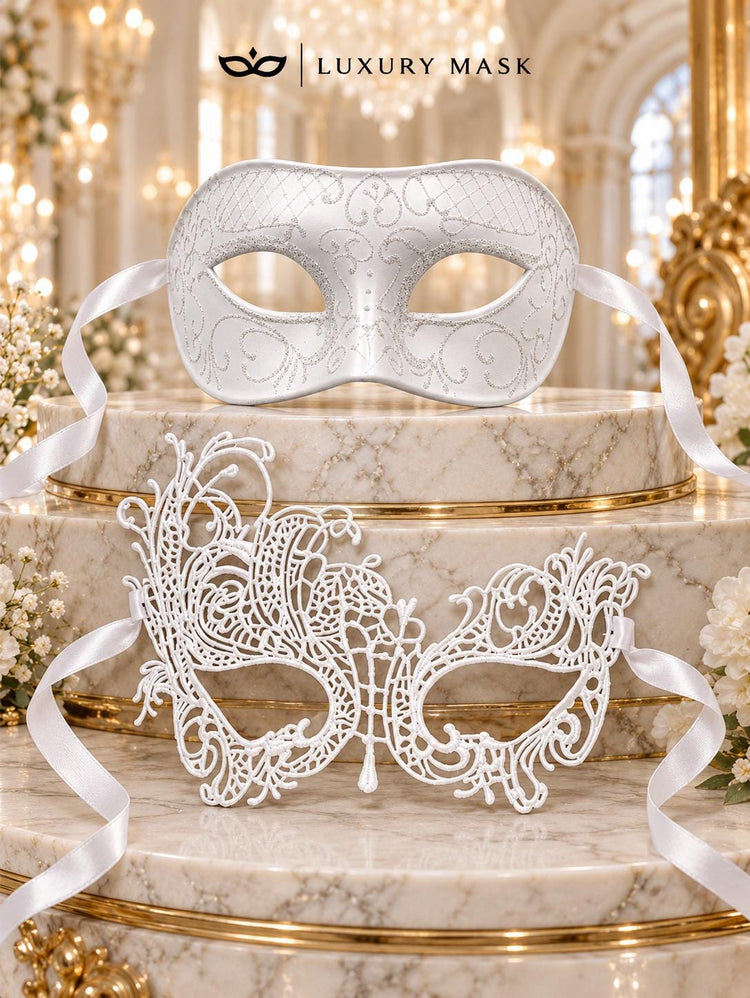 White Swan Lace Mask for Women with White Glitter Venetian Mask for Men | All White Masquerade Couple Masks - product image 6