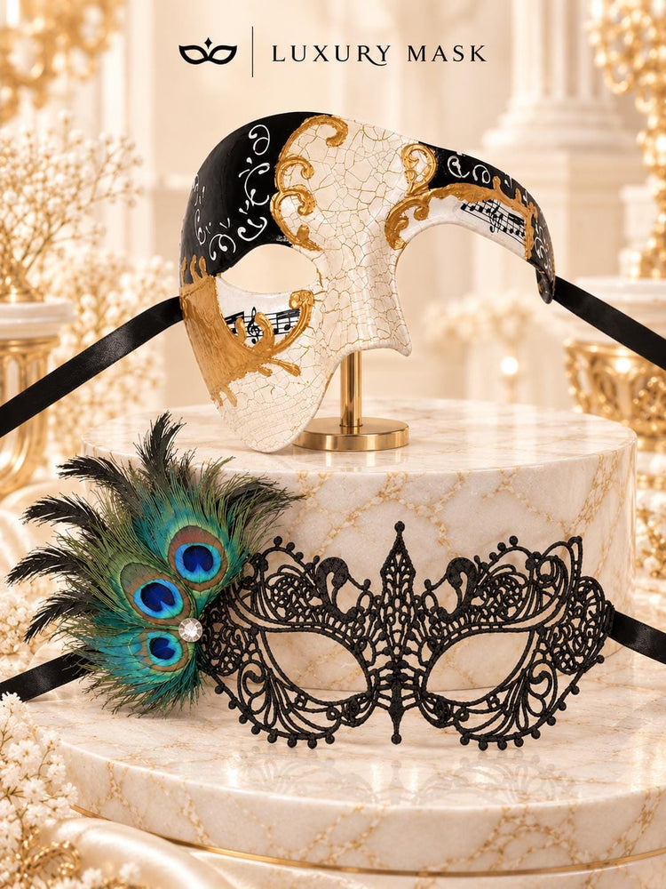 Black Peacock Feather Lace Mask & Black Gold Phantom Men’s Mask | Dramatic Venetian Masquerade Masks for Couples - product image 6