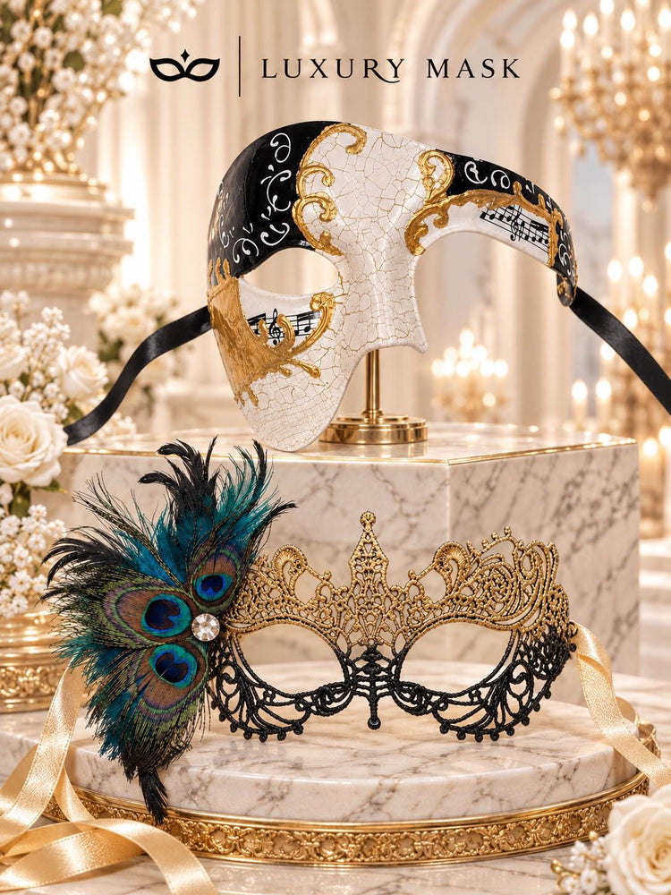 Black Gold Peacock Feather Lace Mask for Women with Antique Phantom Mask for Men | Couples Venetian Masquerade Set - product image 6