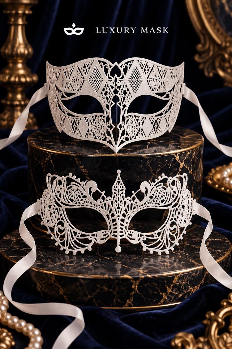 White Laser Cut Metal Venetian Mask for Men with White Lace Mask for Women | Elegant Masquerade Couple Set - product image 6
