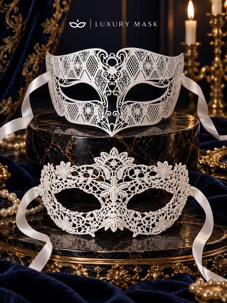 White Flower Lace Mask for Women with White Diamond Laser Cut Metal Mask for Men | Venetian Masquerade Couple Set - product image 6