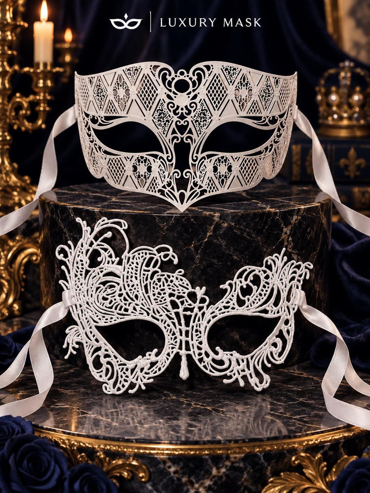 White Swan Lace Mask for Women & White Diamond Laser Cut Metal Mask for Men | All White Venetian Masquerade Set - product image 6