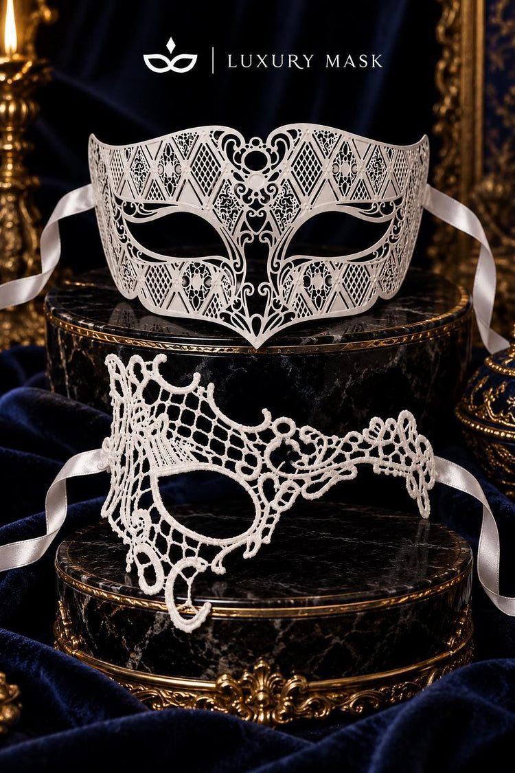 White Phantom Lace Mask for Women with White Diamond Laser Cut Metal Mask for Men – product photo 6