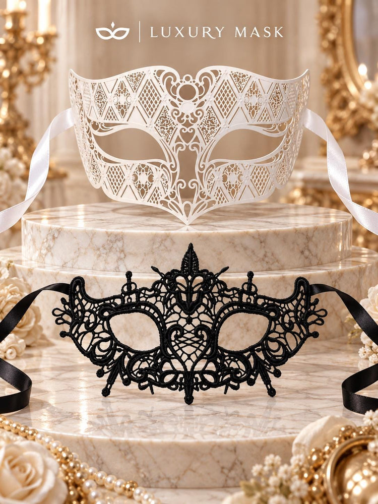 Black Lace Mask for Women & White Diamond Metal Mask for Men – product photo 6