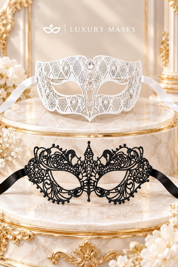 White Diamond Clear Stone Mask for Men with Black Lace Mask for Women – product photo 6