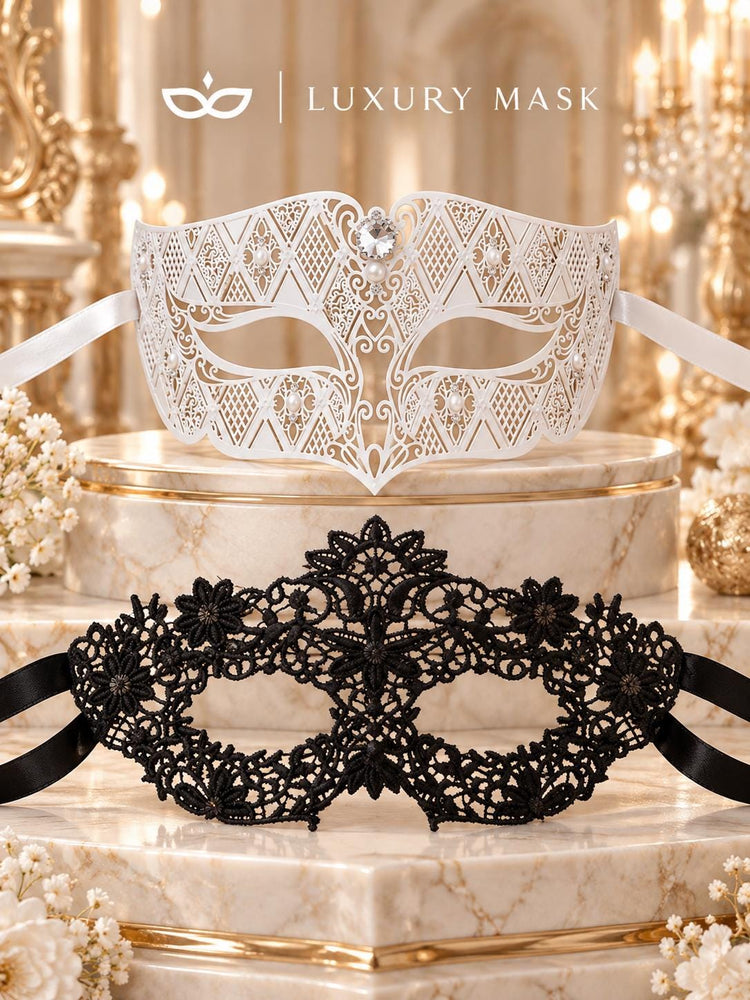 White Clear Stone Diamond Mask for Men & Black Flower Lace Mask for Women – product photo 6