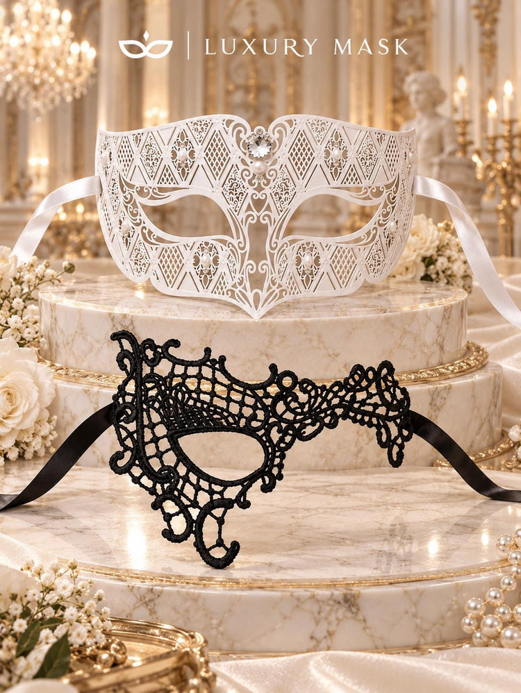 Black Phantom Lace Mask & White Clear Stone Diamond Mask – product photo 6