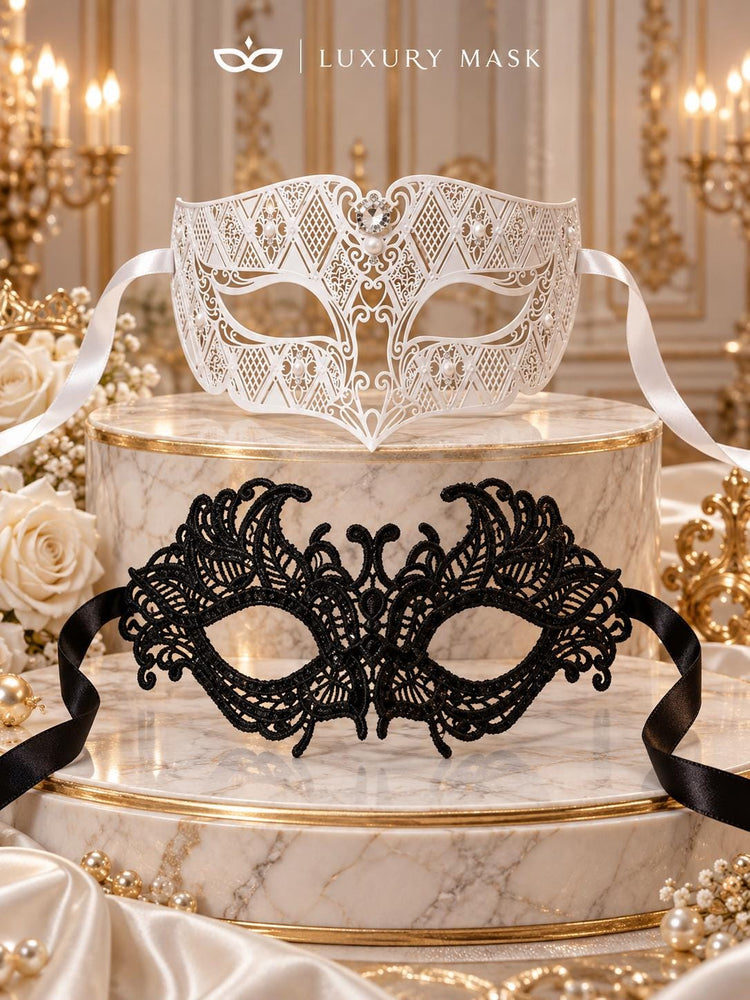 White Diamond Stone Mask & Black Lace Venetian Mask – product photo 6